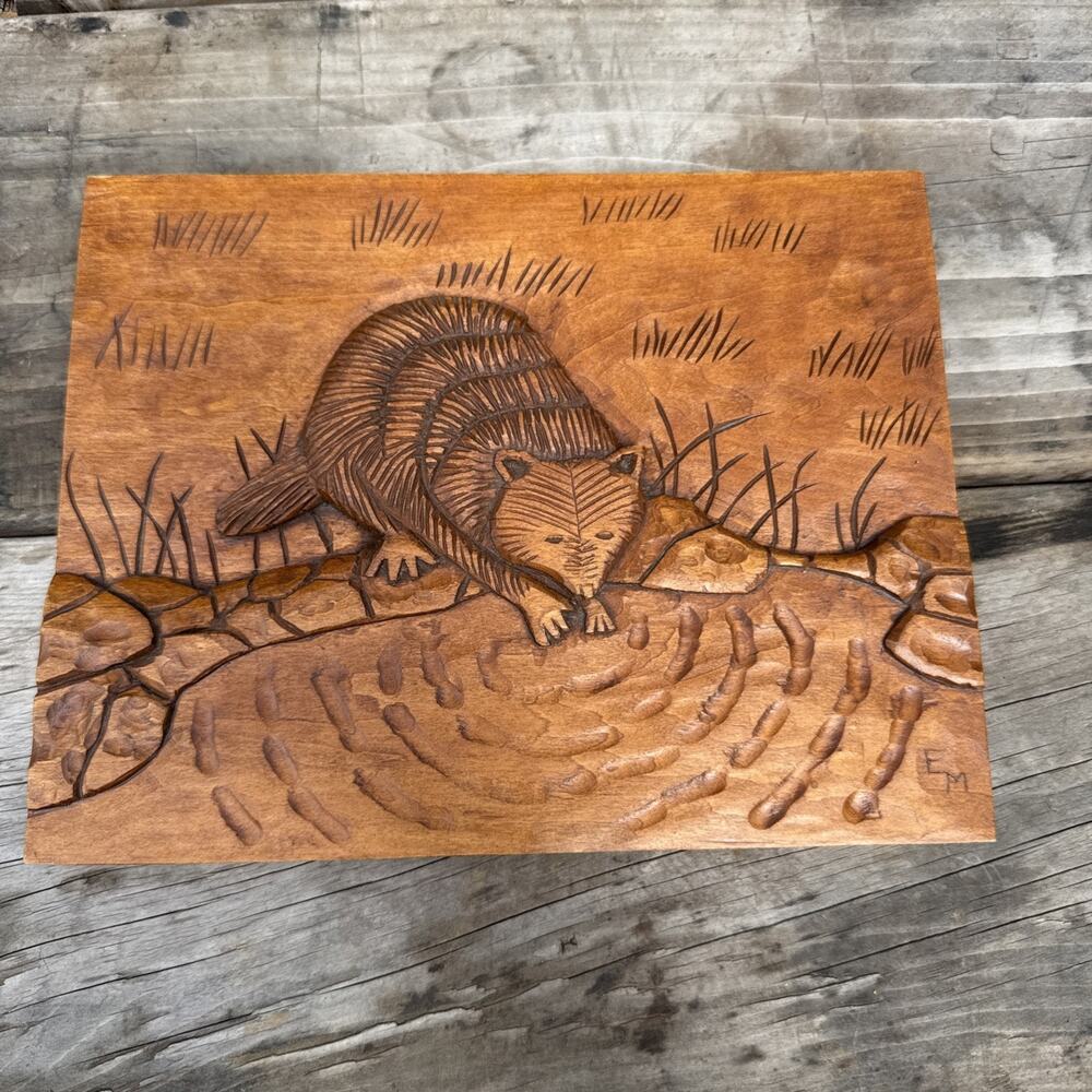 Vintage Hand Carved Beaver Wood Relief Wall Plaque 7-5/8” X 10” Brown Natural